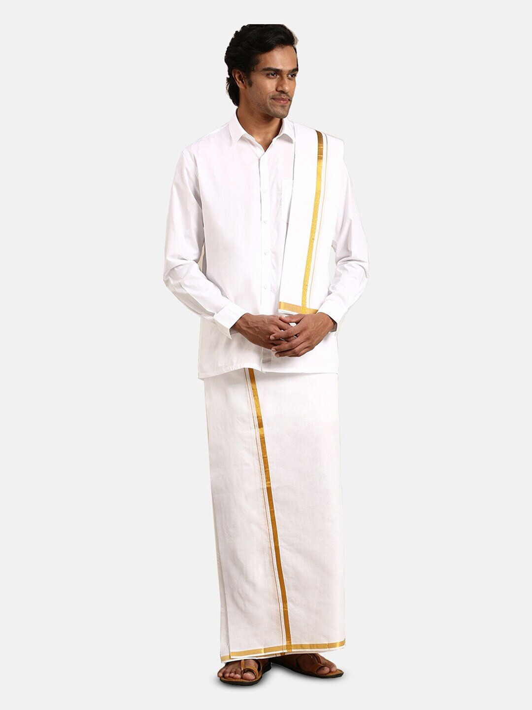 Ramraj Men Shirt And Gold Jari Single Dhoti With Towel & Belt