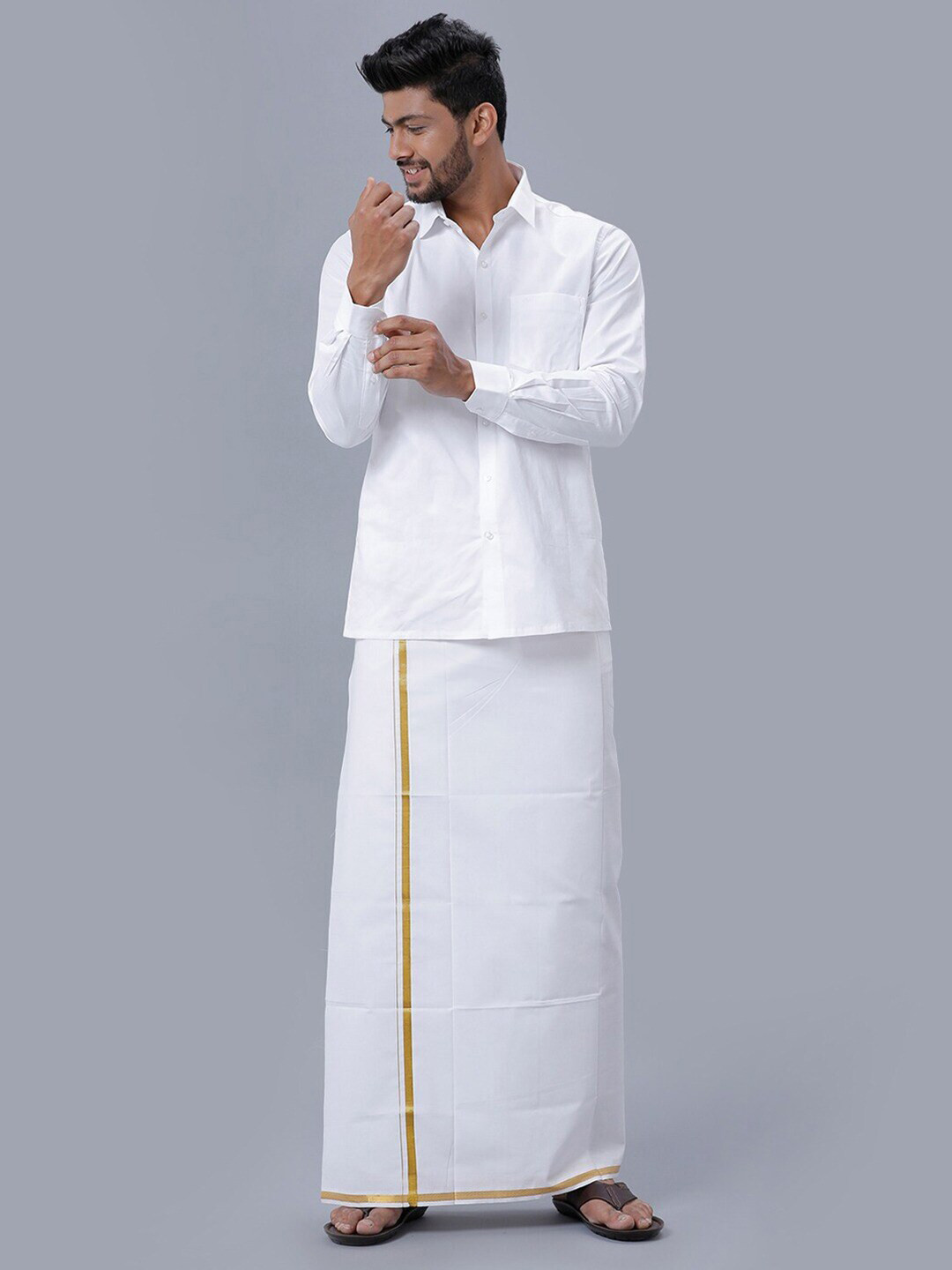 Ramraj Shirt Collar Long Sleeves Pure Cotton Shirt With Veshti