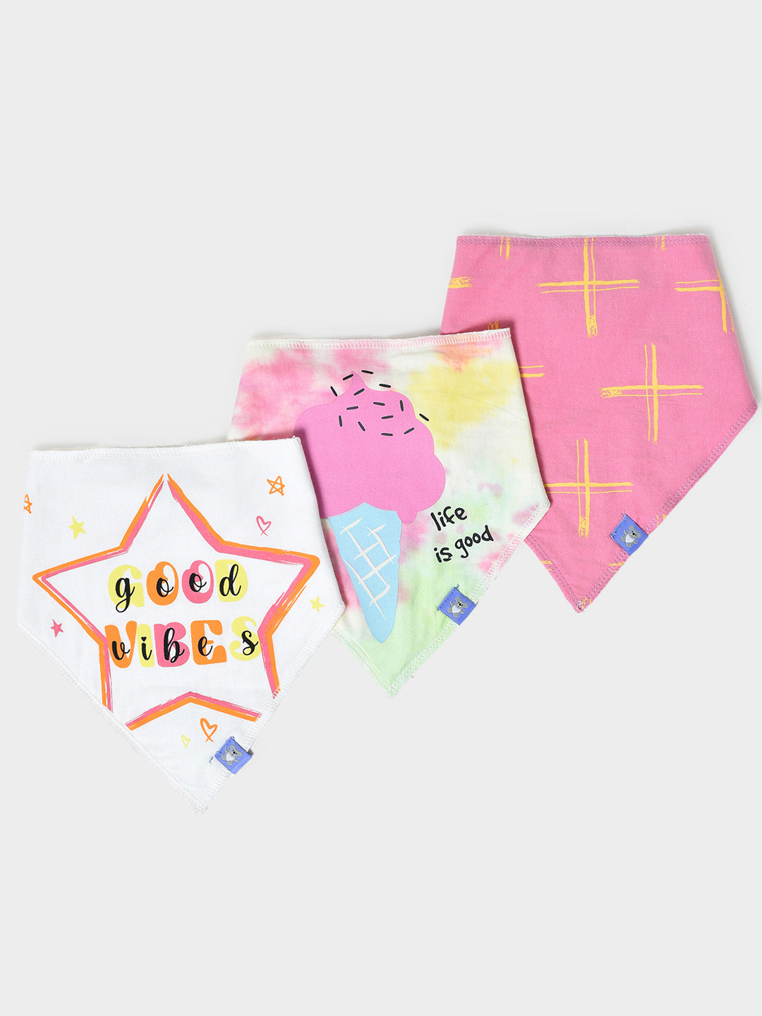 MiArcus 100% Cotton Icecream & Good Vibes Print Triangle Bib With Snap Button- Pk of 3