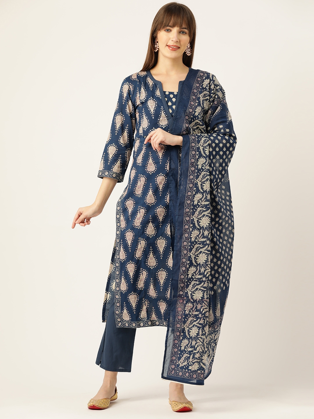 Blue Printed Cotton Lace Suit Set with Dupatta – Jaipur Morni