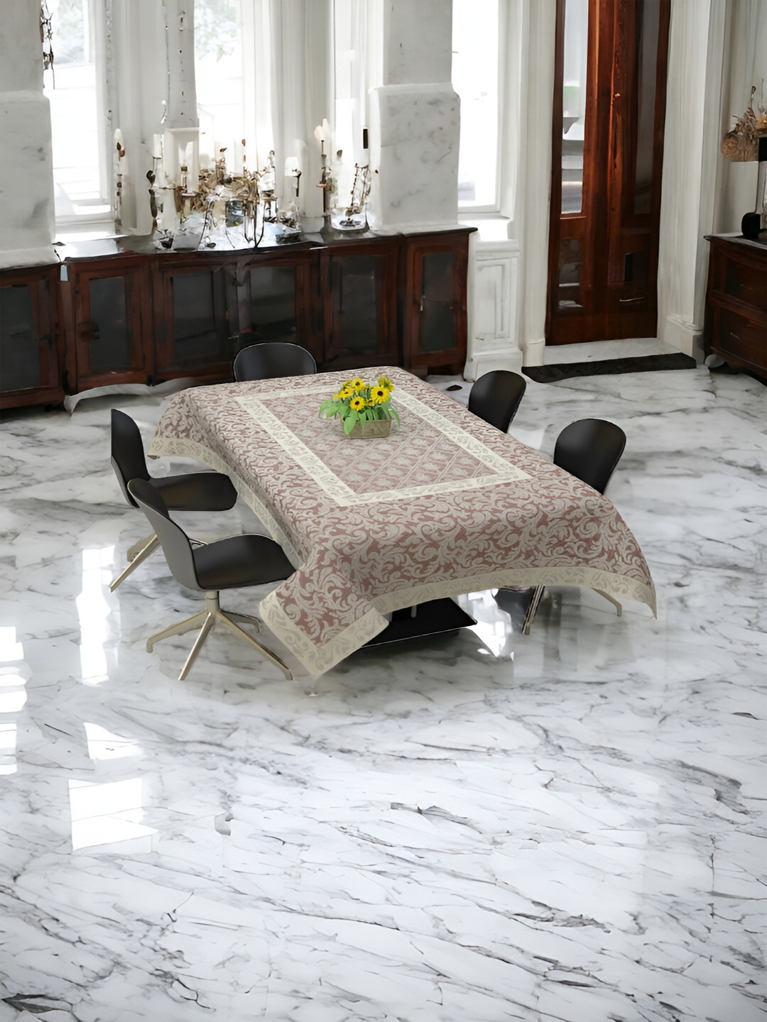 BIGGER FISH Maroon & Off White Floral Printed Cotton 6 Seater Table Cover