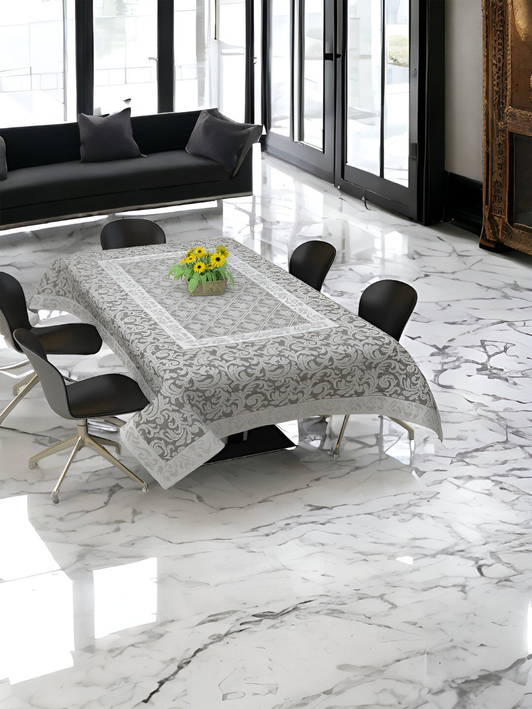 BIGGER FISH Grey & White Floral Printed Cotton 6 Seater Table Cover