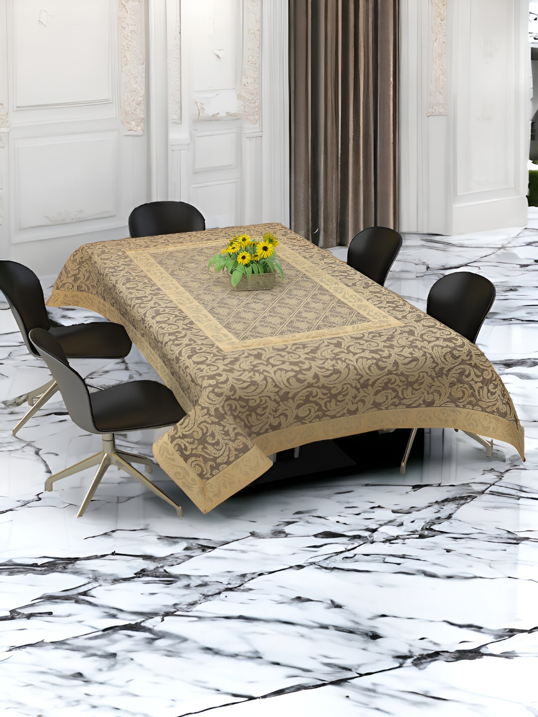 BIGGER FISH Gold Toned & Grey Floral Printed Cotton 6 Seater Table Cover