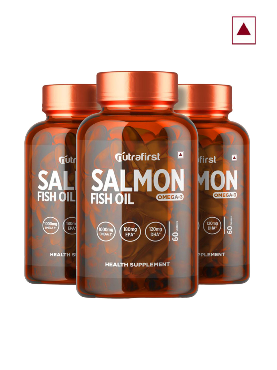 Nirvasa Set Of 3 Salmon Fish Oil Omega 3 Softgel Capsules For Heart & Brain - 60 Pcs Each