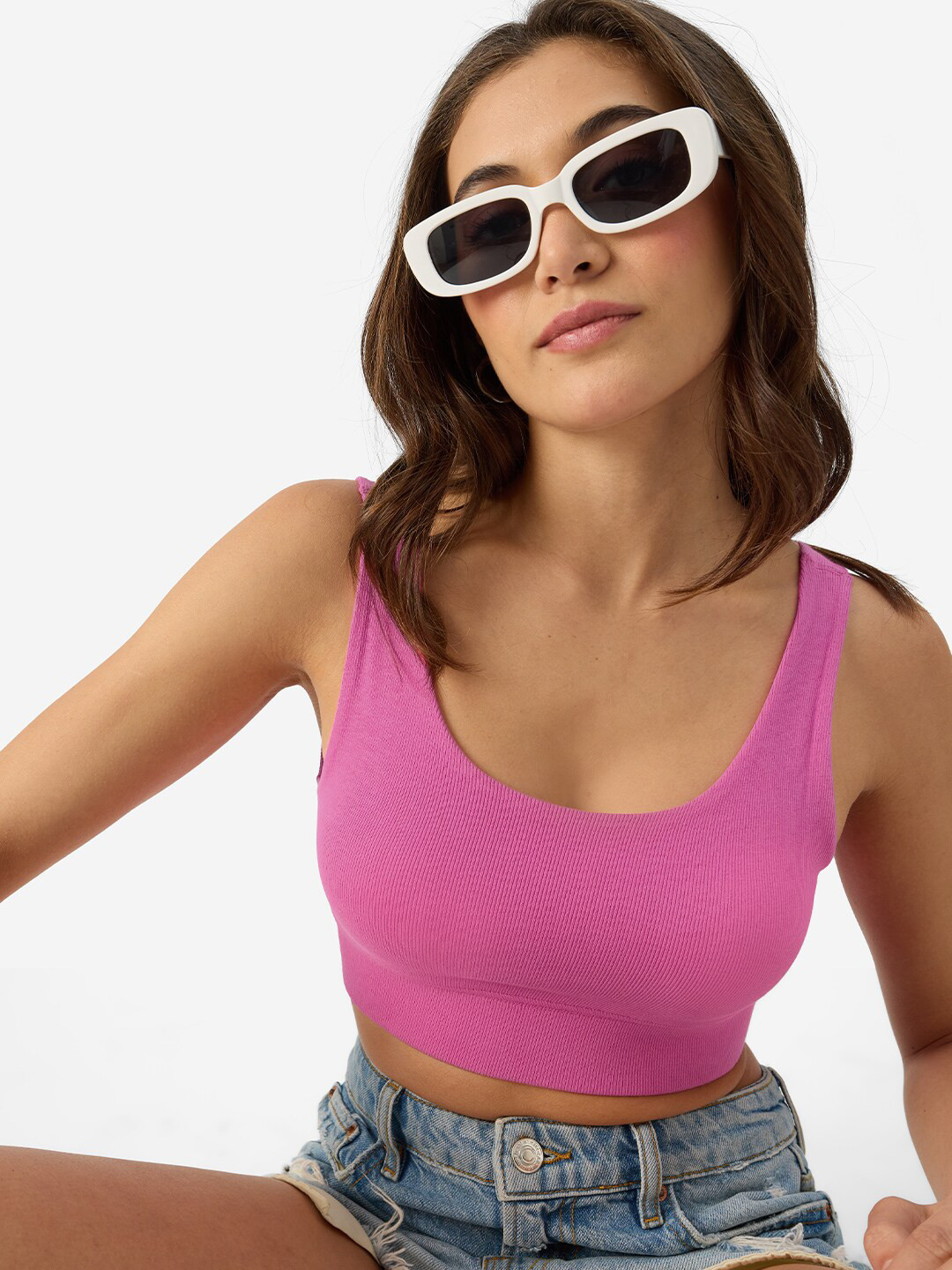 The Souled Store Ribbed Scoop Neck Sleeveless Pure Cotton Crop Bralette Top