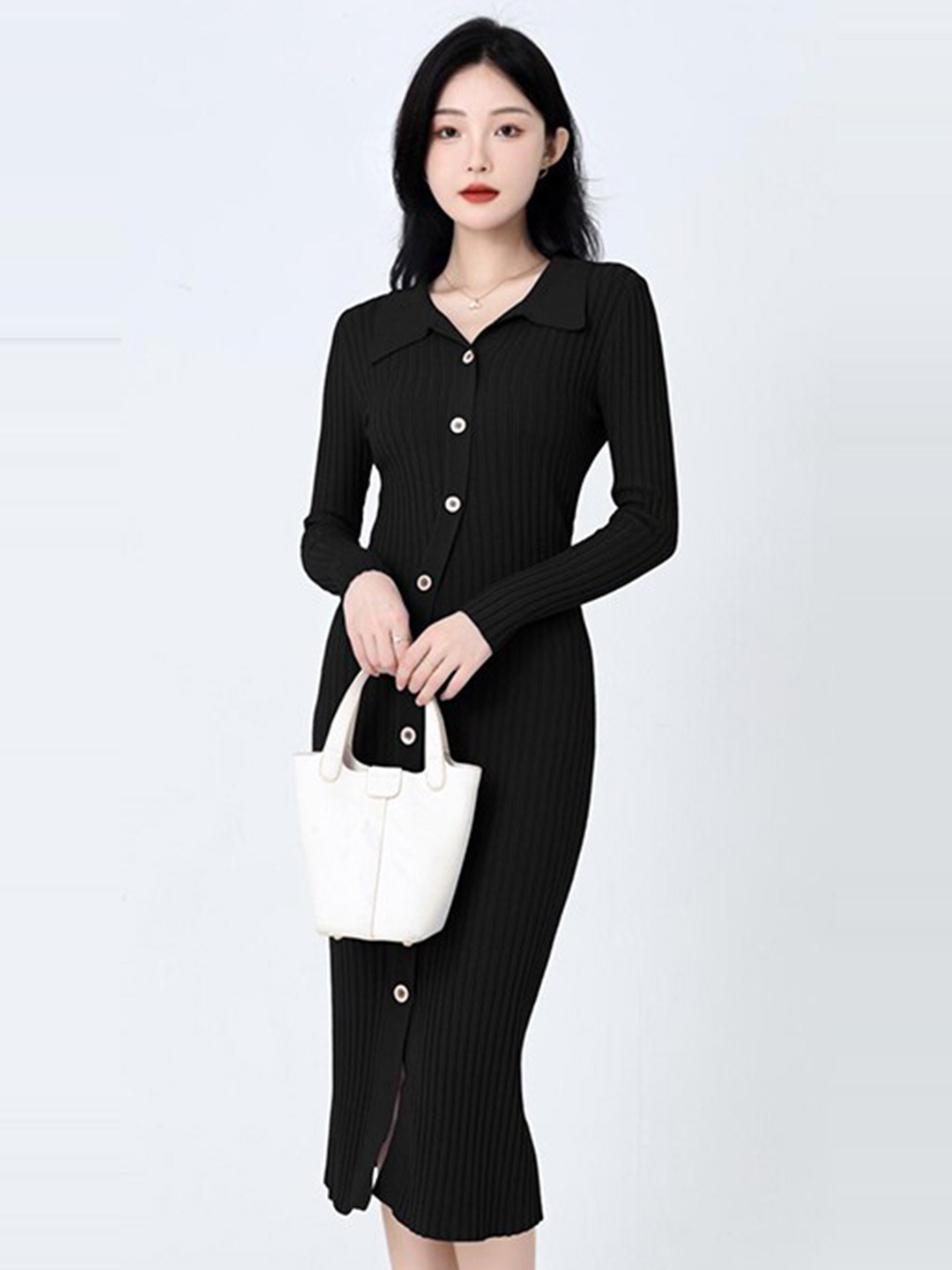 StyleCast Black Shirt Collar Long Sleeves Bodycon Midi Dress