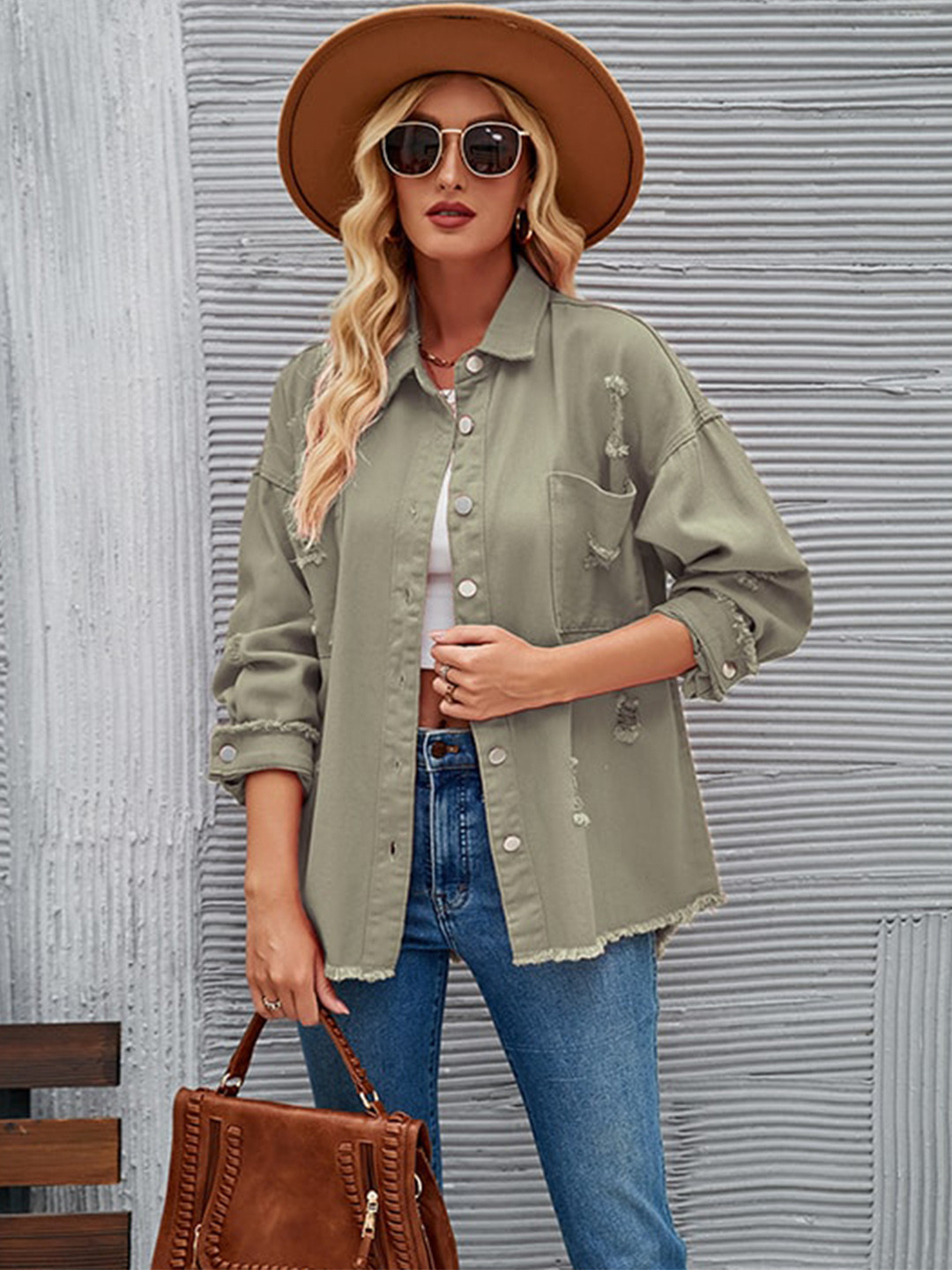 StyleCast Green Spread Collar Denim Jacket