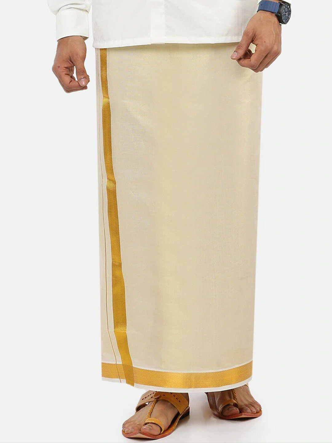 Ramraj Men Tissue Gold Solid Gold Jari Border Single Layer Dhoti