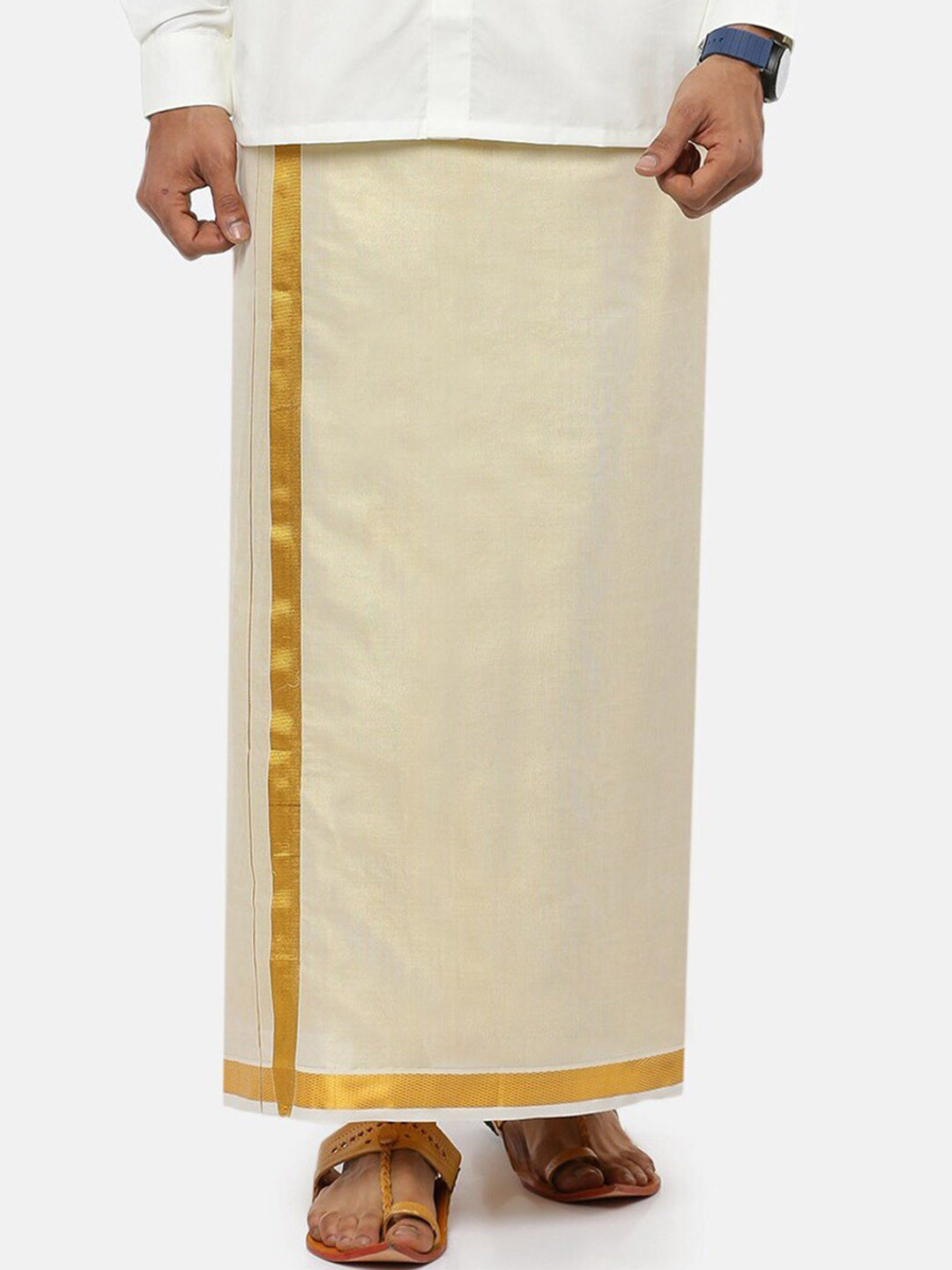 Ramraj Men Tissue Cream Solid Gold Jari Border Single Layer Dhoti