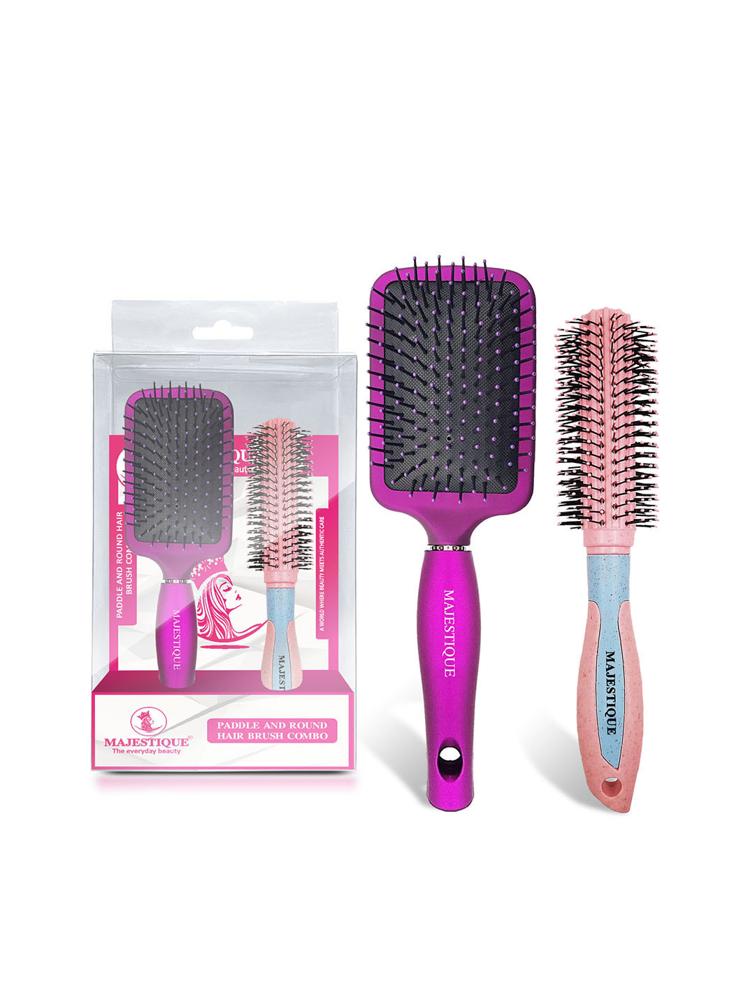 MAJESTIQUE 2-Pcs Paddle & Round Hair Brush Set For Blow Drying & Styling