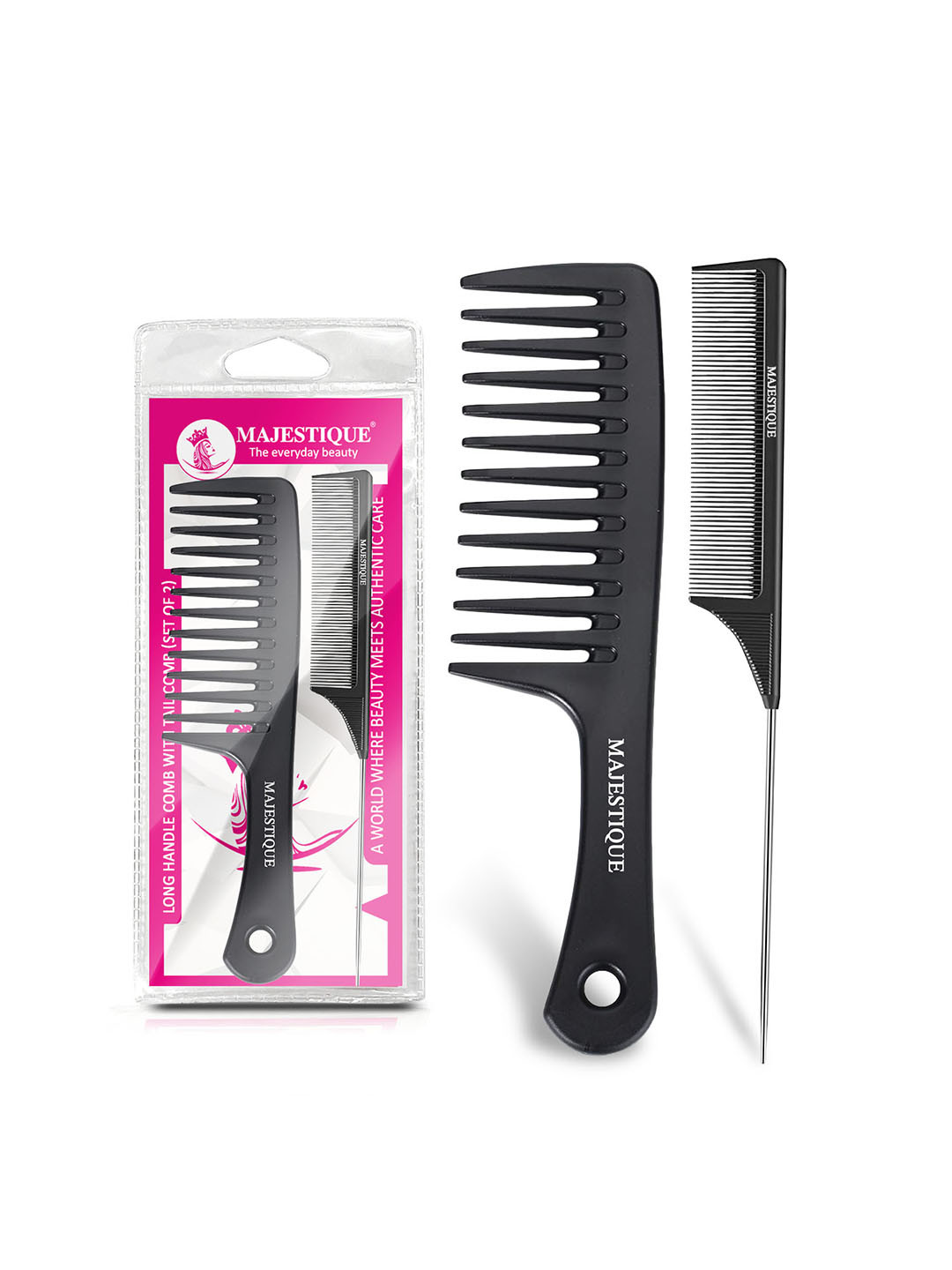 MAJESTIQUE 2-Pcs Long Handle Comb With Tail Comb Set