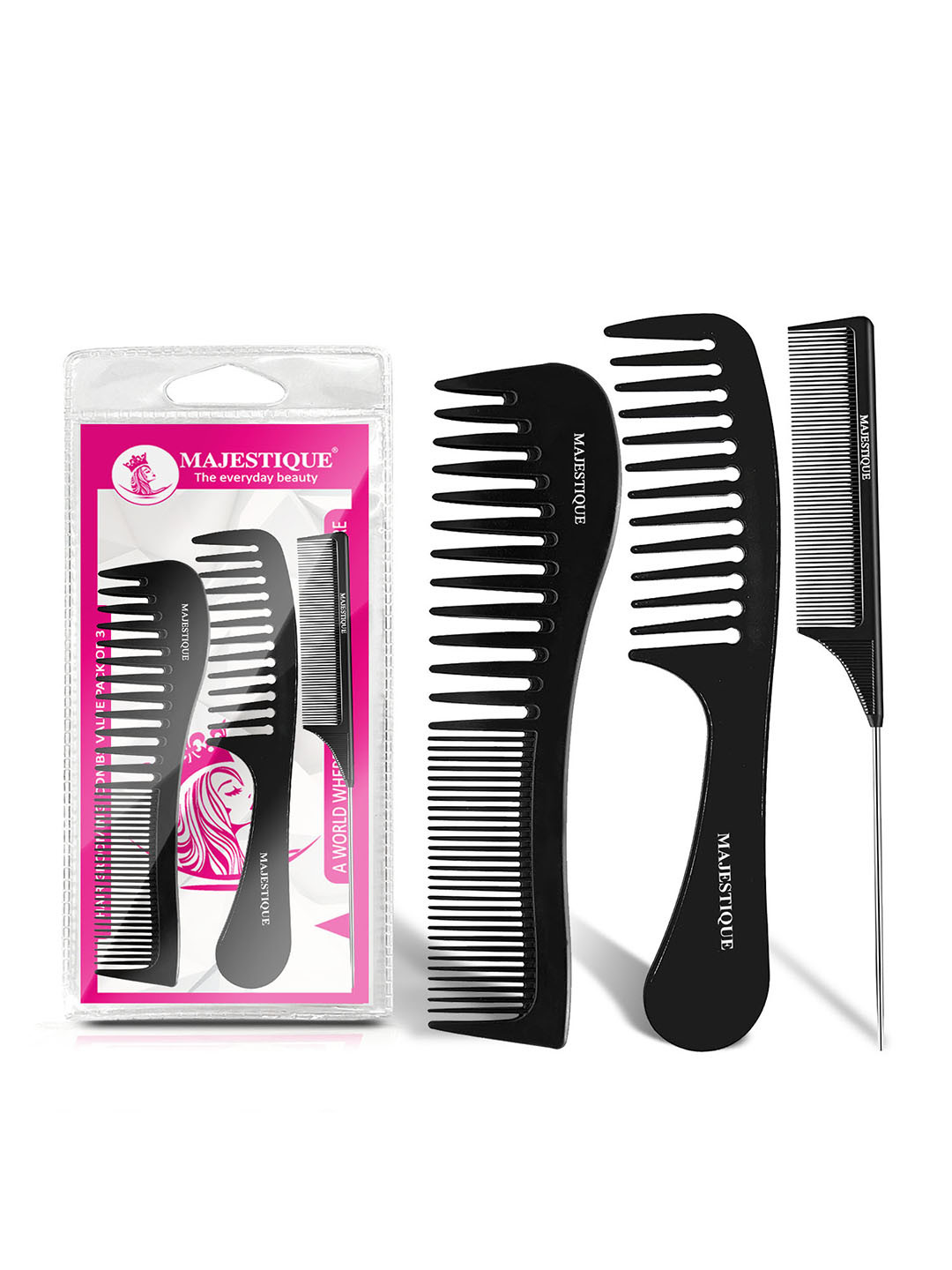 MAJESTIQUE 3-Pcs Wide Comb-Tail Comb & Dresser Hair Comb - Black