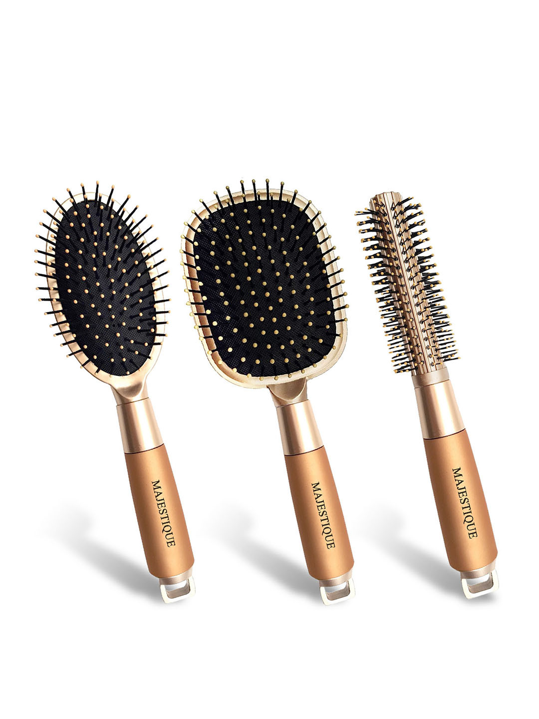 MAJESTIQUE Paddle Detangling, Oval & Round Hair Brush Set with Soft Nylon Bristles