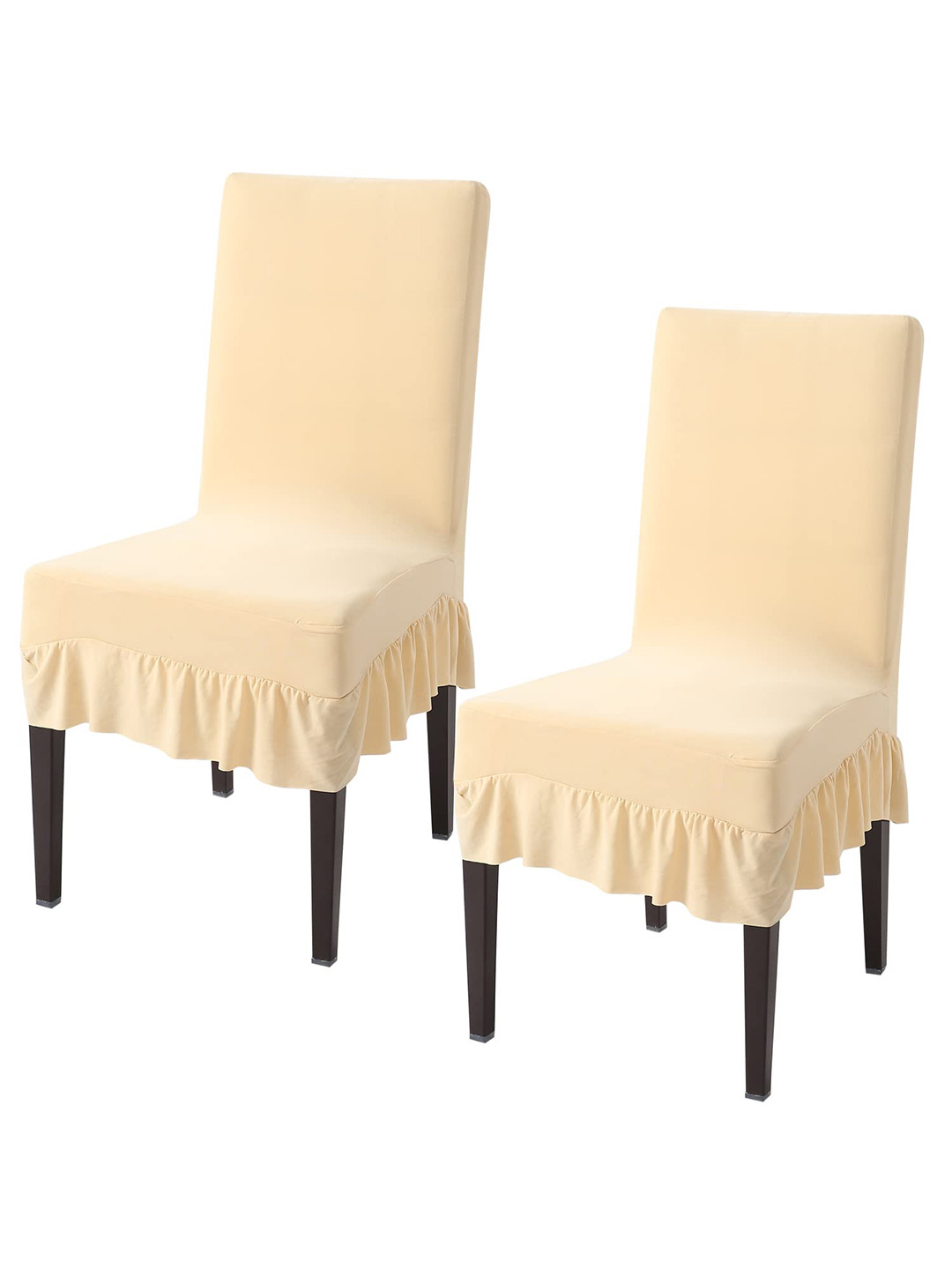 HOKIPO 2 Pcs Cream-Coloured Frilled Dining Chair Covers