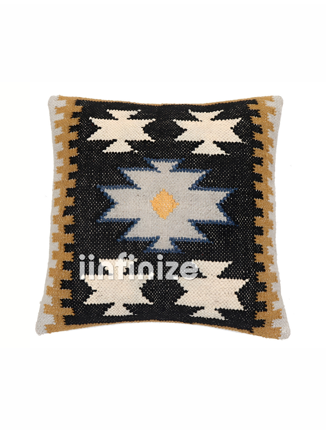 iinfinize Kilim Black Embroidered Wool Washable Square Cushion Covers - 18 x 18 In