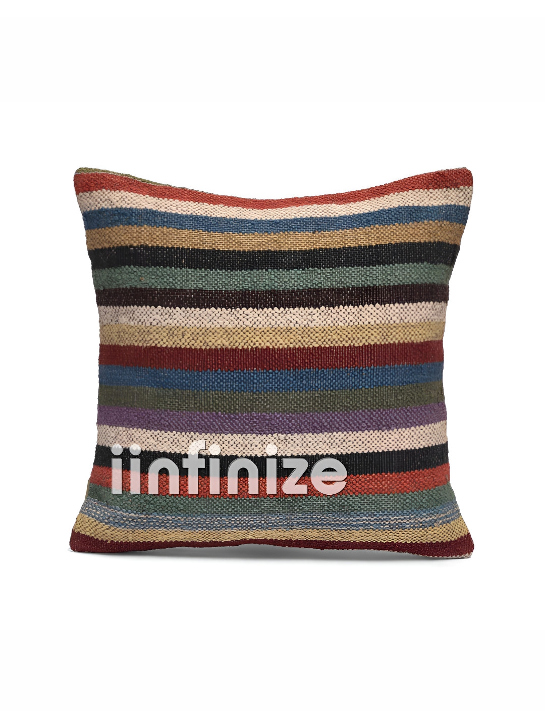 iinfinize Blue Striped Wool Jute Washable Textured Square Cushion Cover -18x18In