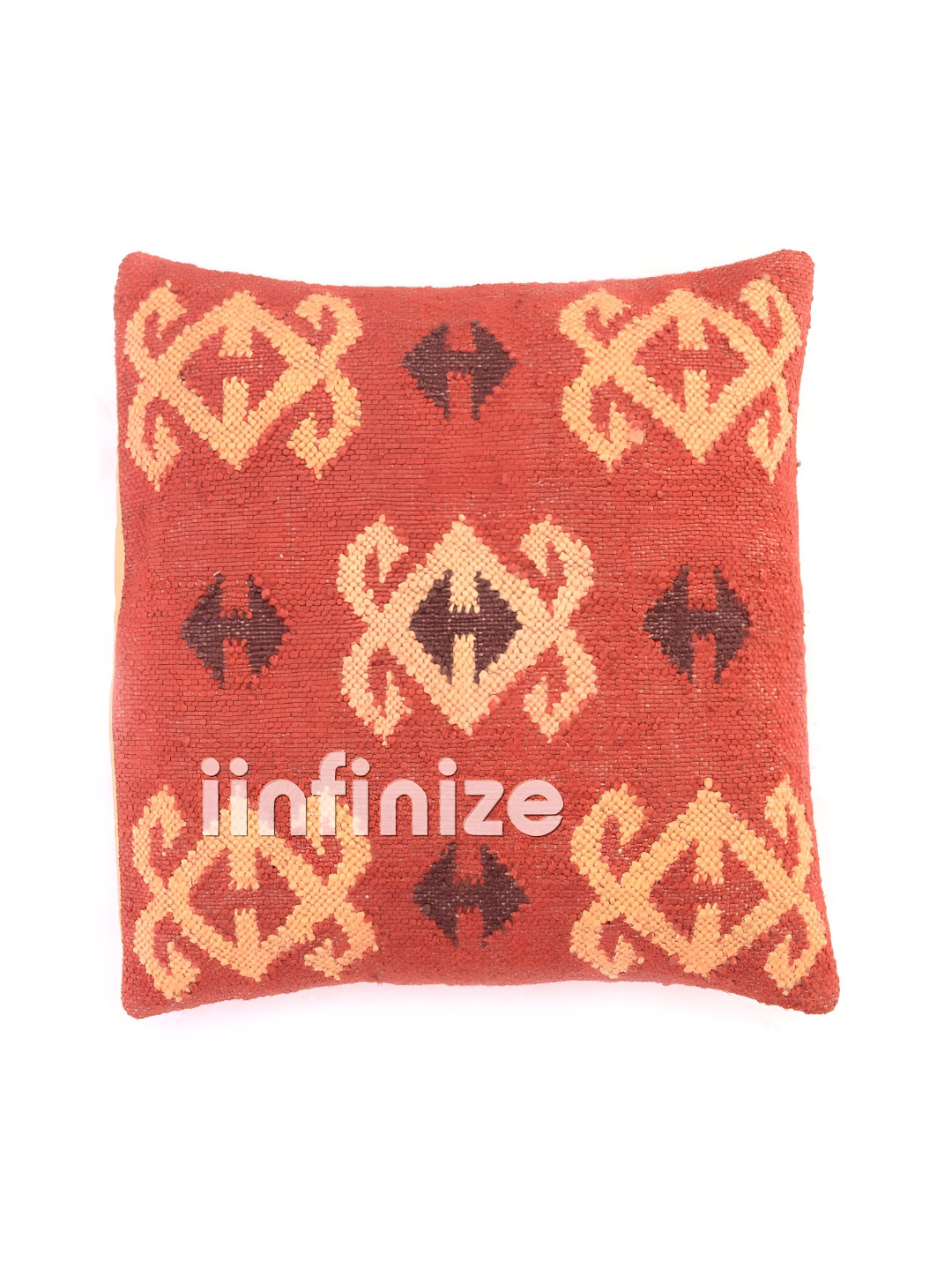 iinfinize Kilim Red Ethnic Motifs Polyester Silk Washable Square Cushion Cover -18x18In