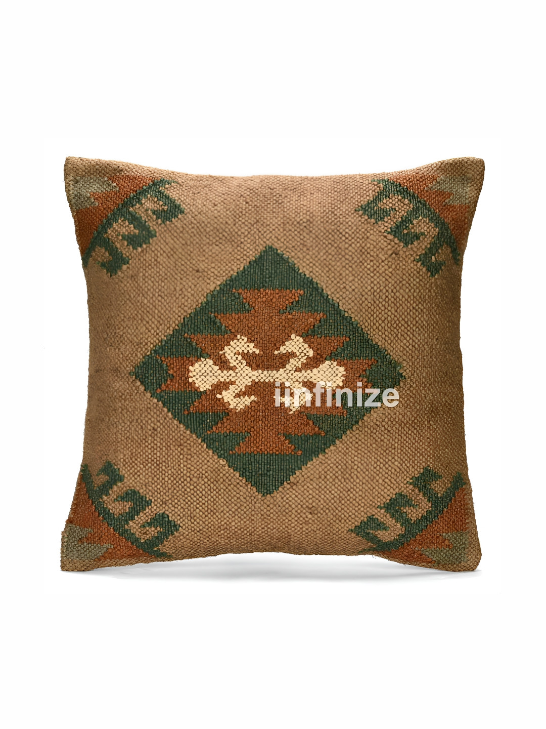 iinfinize Brown & Green Abstract Printed Square Kilim Cushion Cover