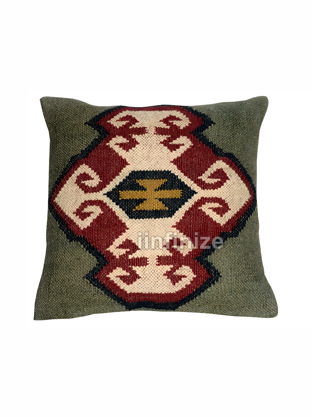 iinfinize Green & Red Abstract Printed Square Kilim Cushion Cover