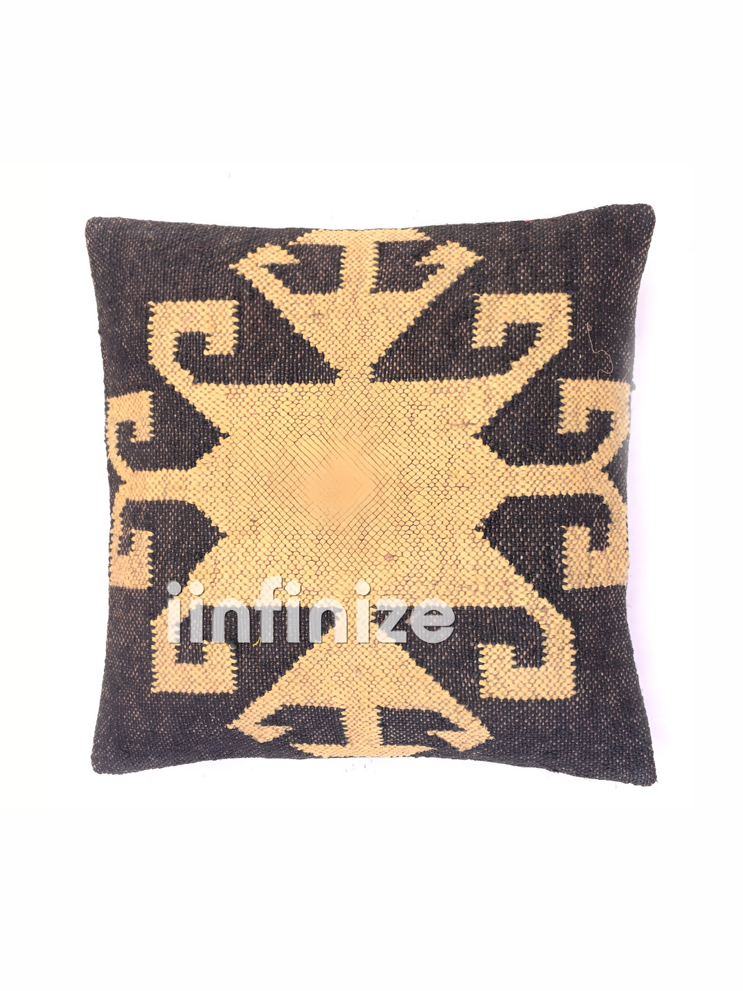 iinfinize Kilim Black Embroidered Wool Washable Square Cushion Covers - 18 x 18 In