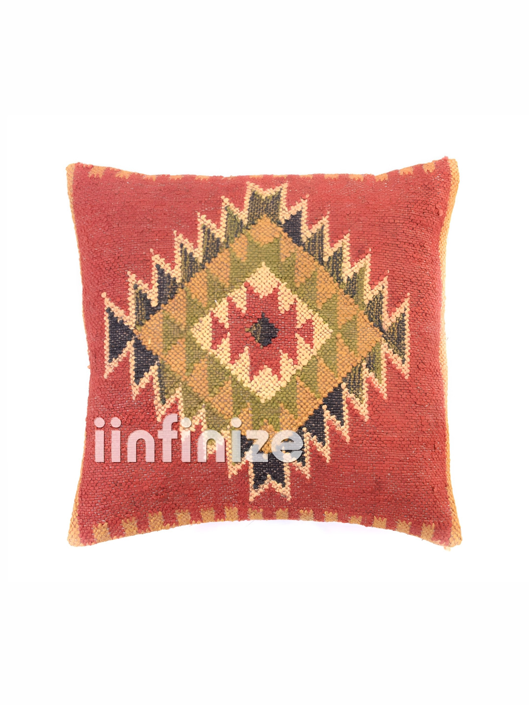 iinfinize Kilim Red Abstract Wool Washable Square Cushion Covers - 18 x 18 In