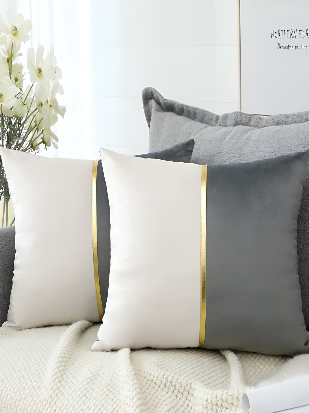 Vinayaka Fab Grey & White 2 Pieces Velvet Square Cushion Covers