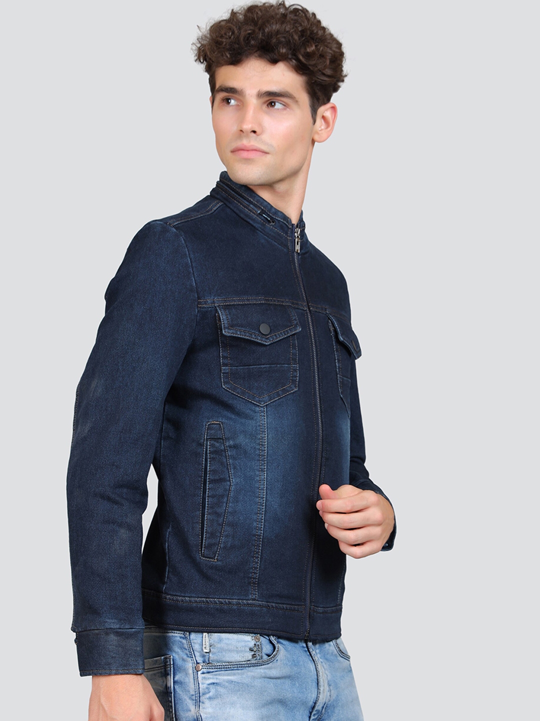Stand collar zip up denim jacket clearance