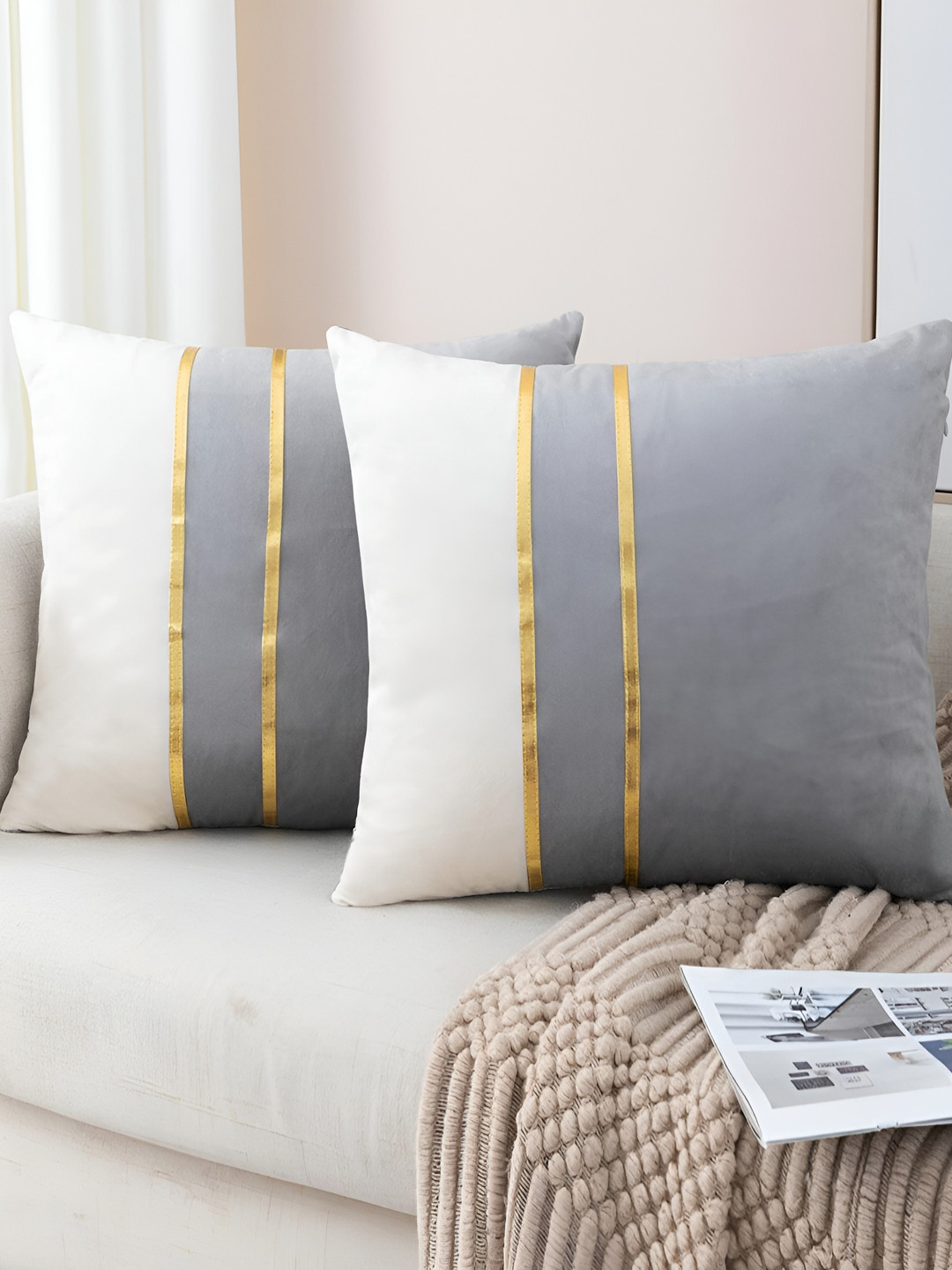 Vinayaka Fab Grey & White 2 Pieces Colourblocked Velvet Square Cushion Covers