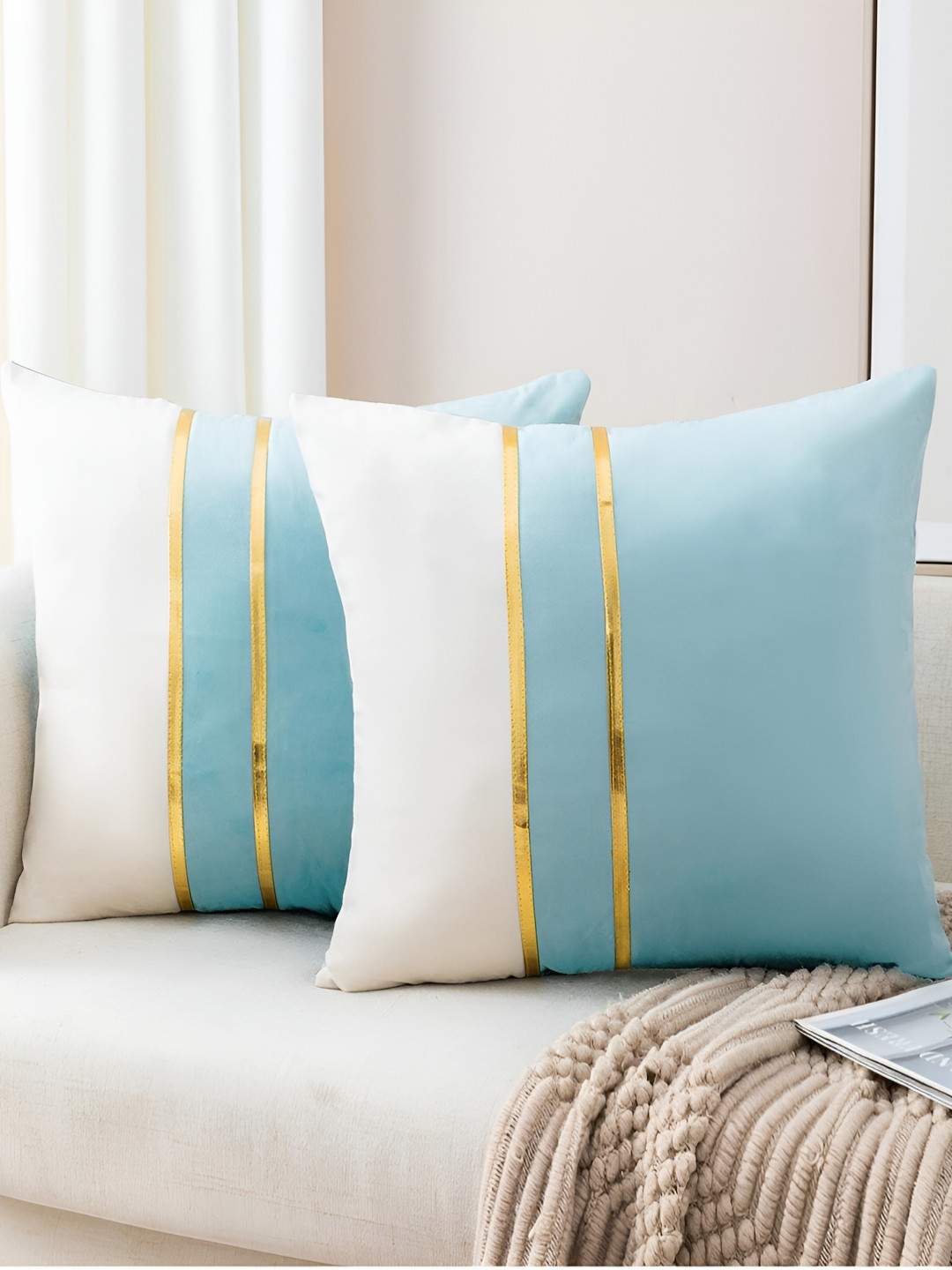 Vinayaka Fab Teal & White 2 Pieces Colourblocked Velvet Square Cushion Covers