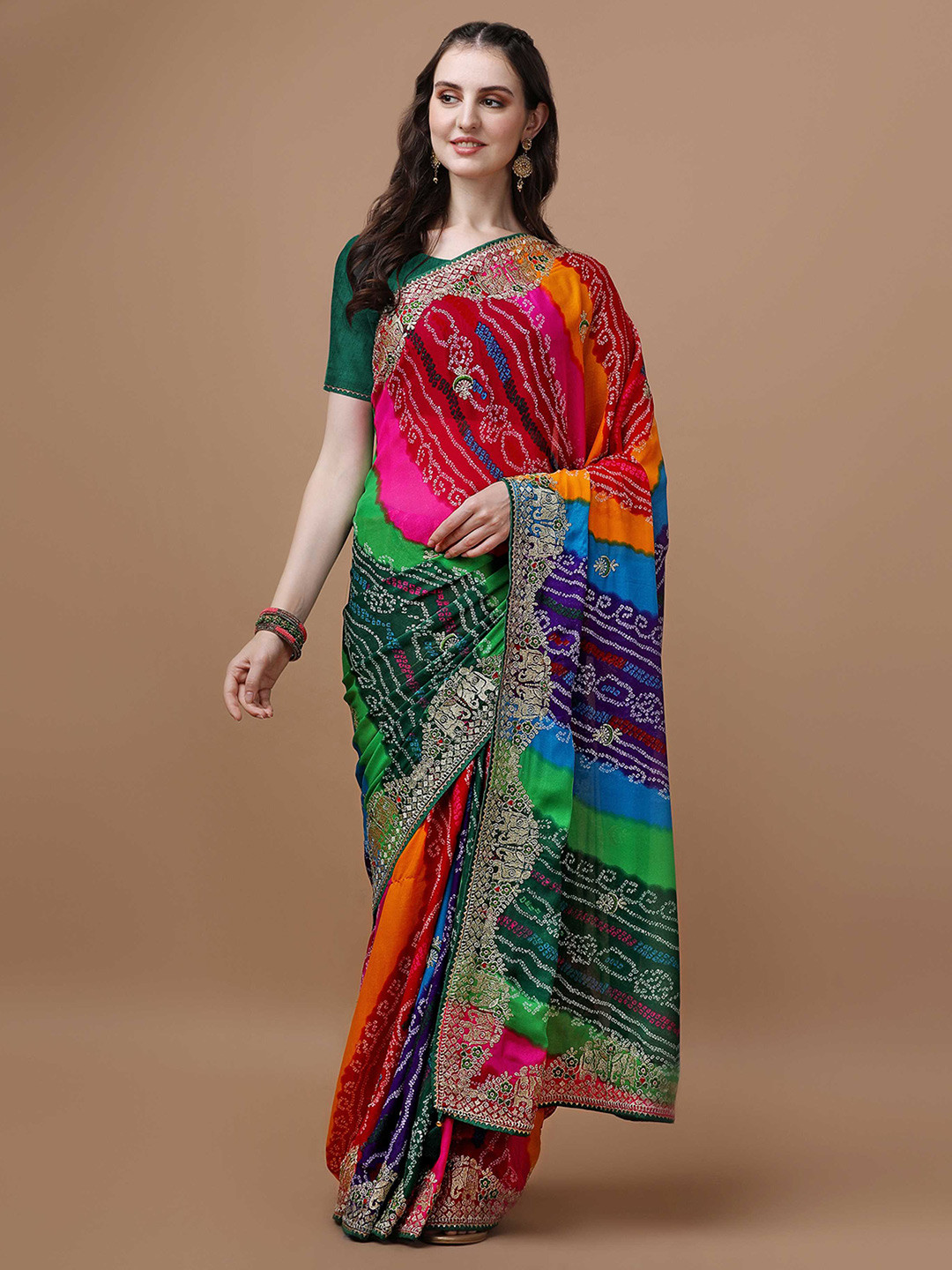 Mitera Pink & Green Bandhani Printed Saree