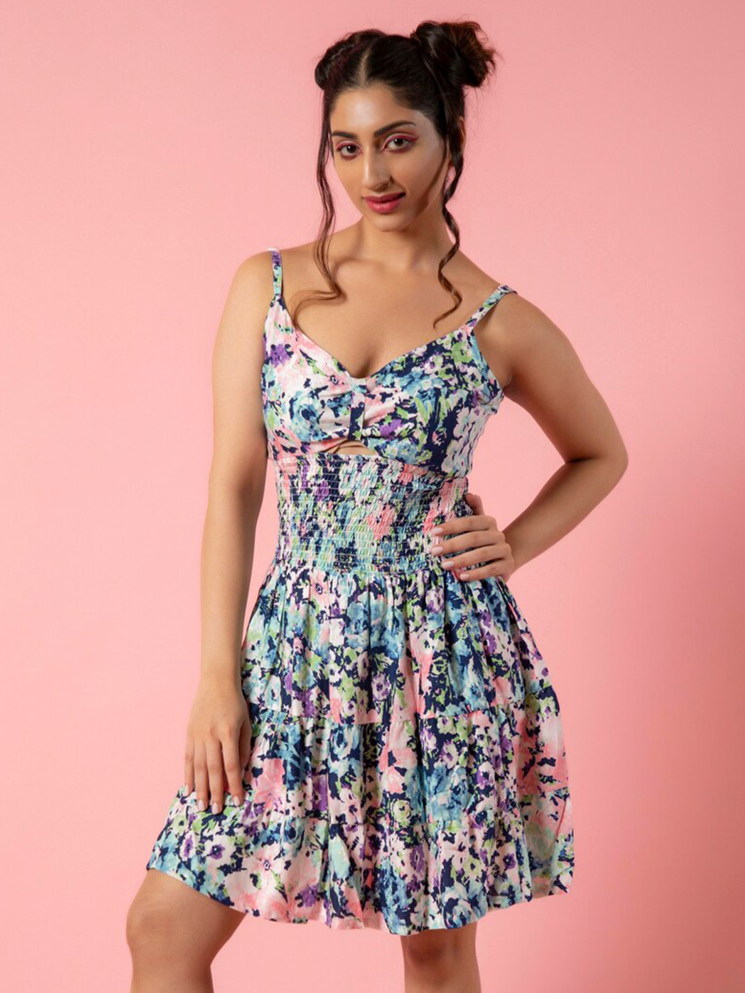 Urban Sundari Blue Floral Printed Shoulder Straps Smocked Detail Cotton A-lIne Dress