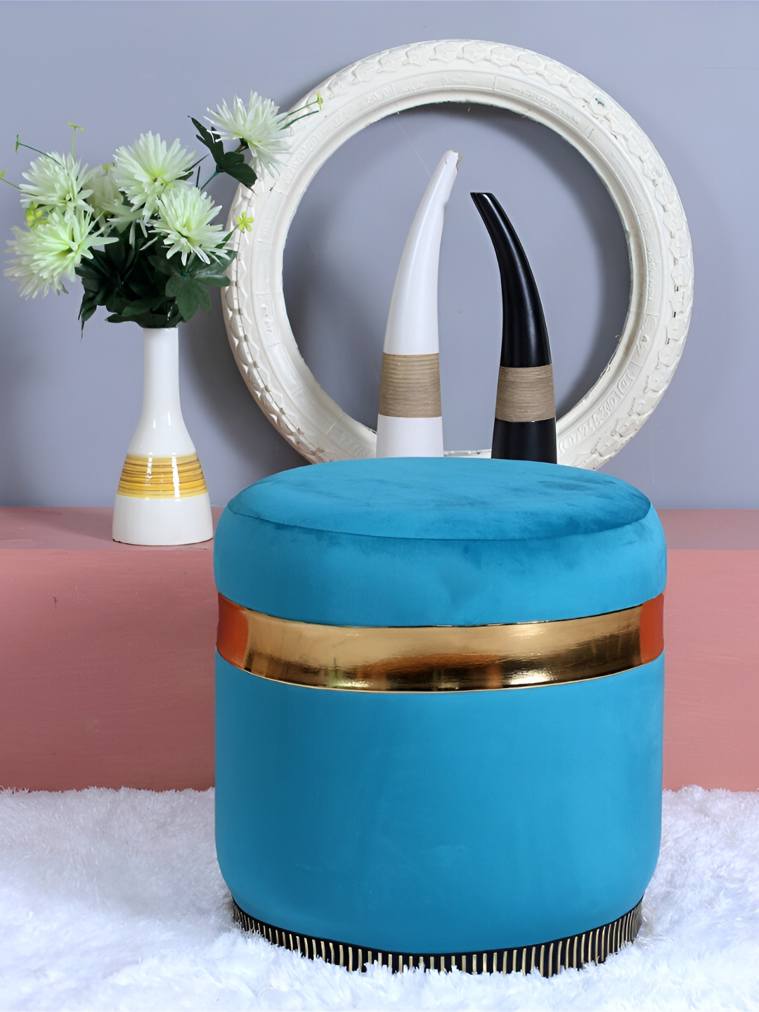 Shadowkart Blue Tufted Velvet & Wooden Framed Cylindrical Ottoman