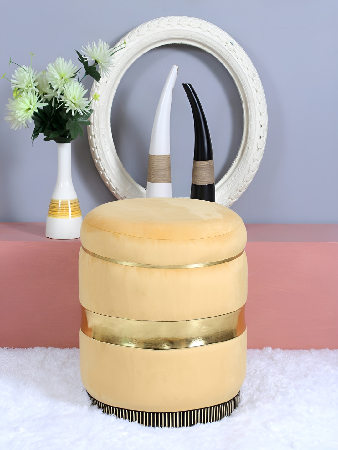 Shadowkart Yellow Tufted Velvet Cylindrical Ottoman