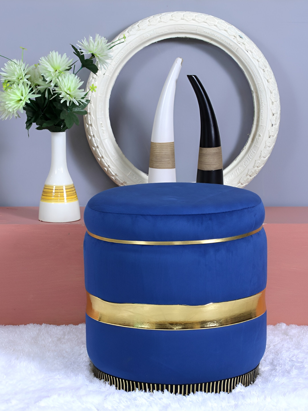 Shadowkart Blue Tufted Velvet & Velvet Framed Cylindrical Ottoman