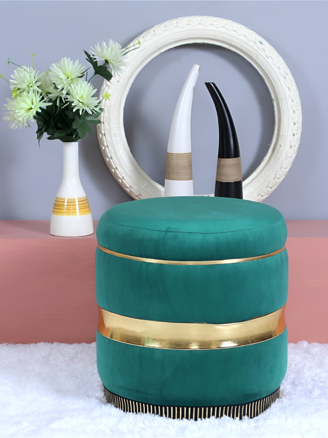 Shadowkart Green Tufted Velvet & Wooden Framed Cylindrical Ottoman