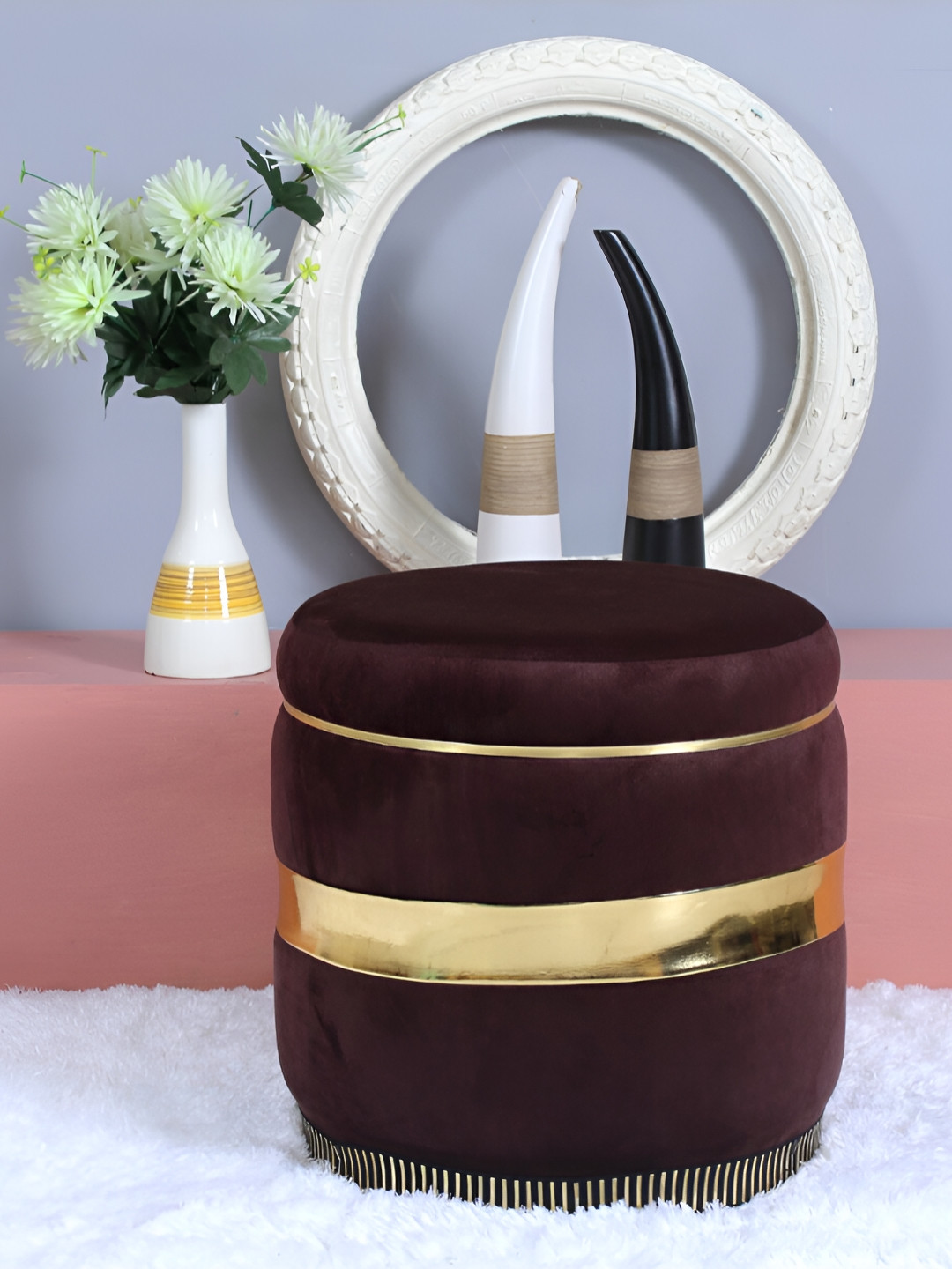 Shadowkart Coffee Brown Tufted Velvet & Wooden Framed Cylindrical Ottoman