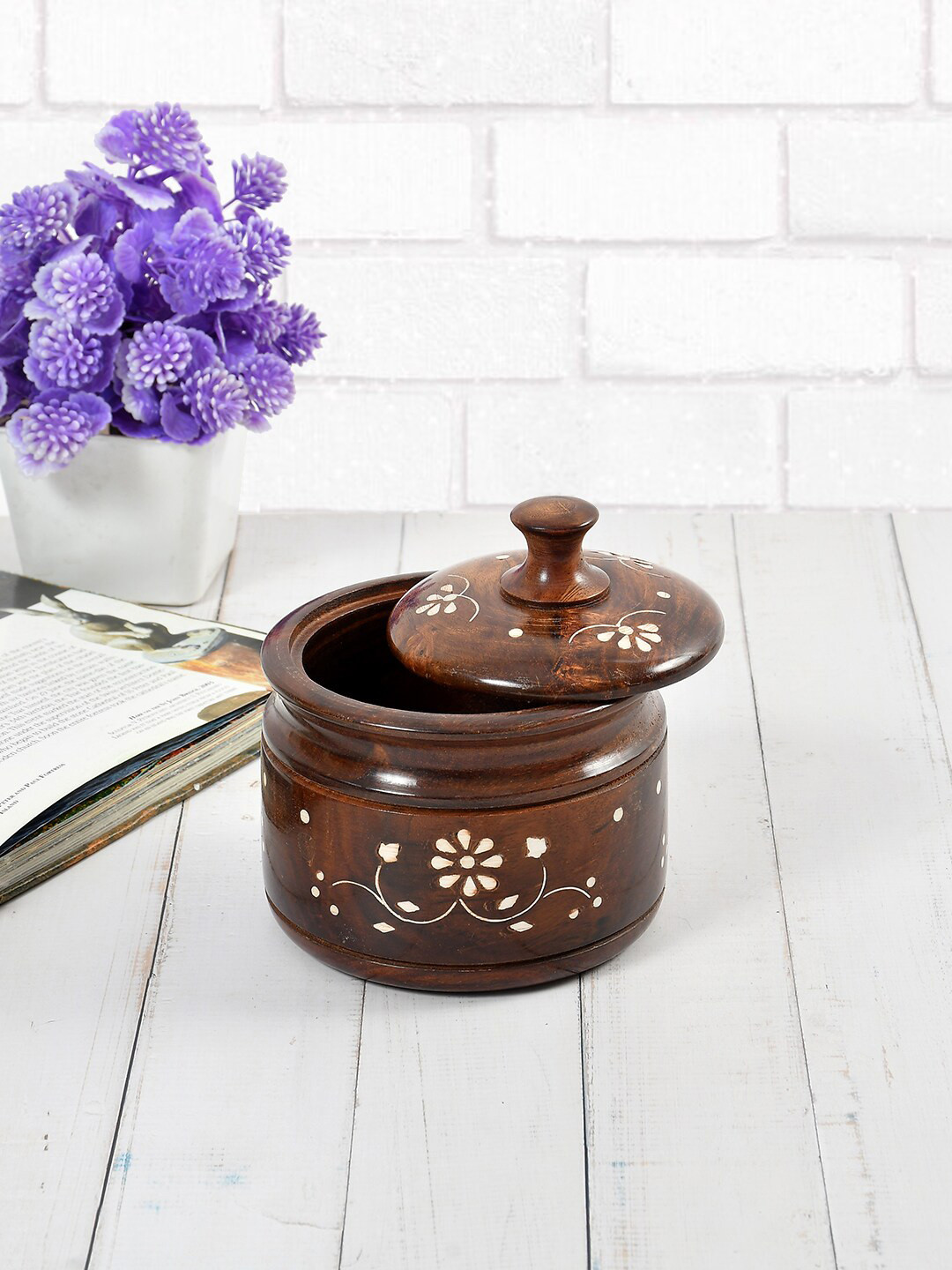 Clio'S Heritage Store Handmade Brown Floral Wood Hand-Painted Clip-On Jar-300ml