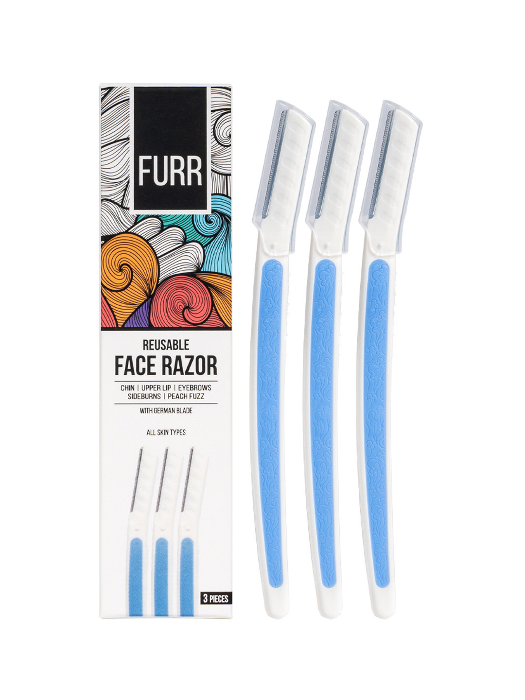 FURR Women 3Pcs Reusable Face & Eyebrow Razor with German Blade - Blue