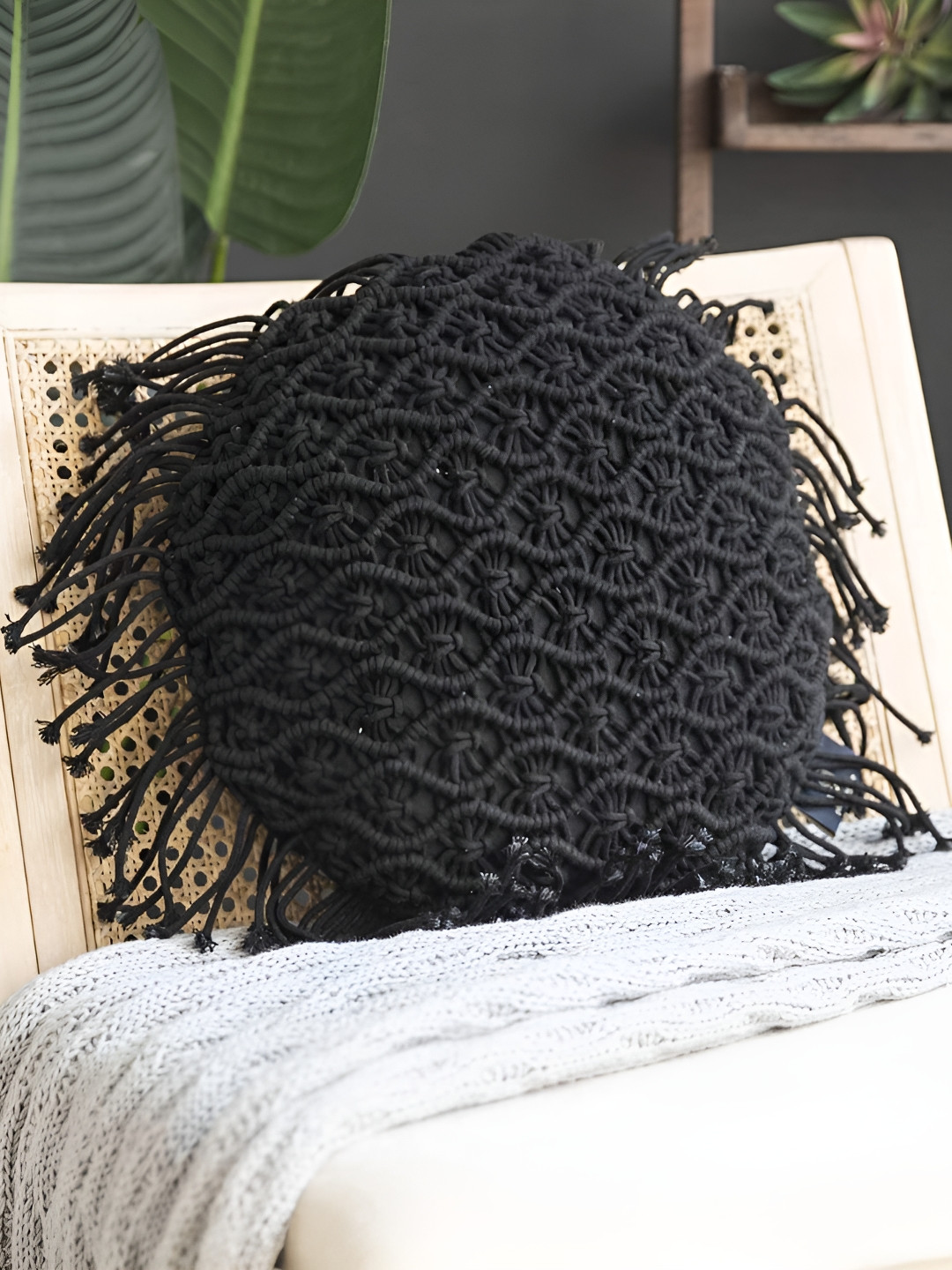 Textile and Beyond Black Self Design Cotton Textured Round Cushion Cover -16x16In