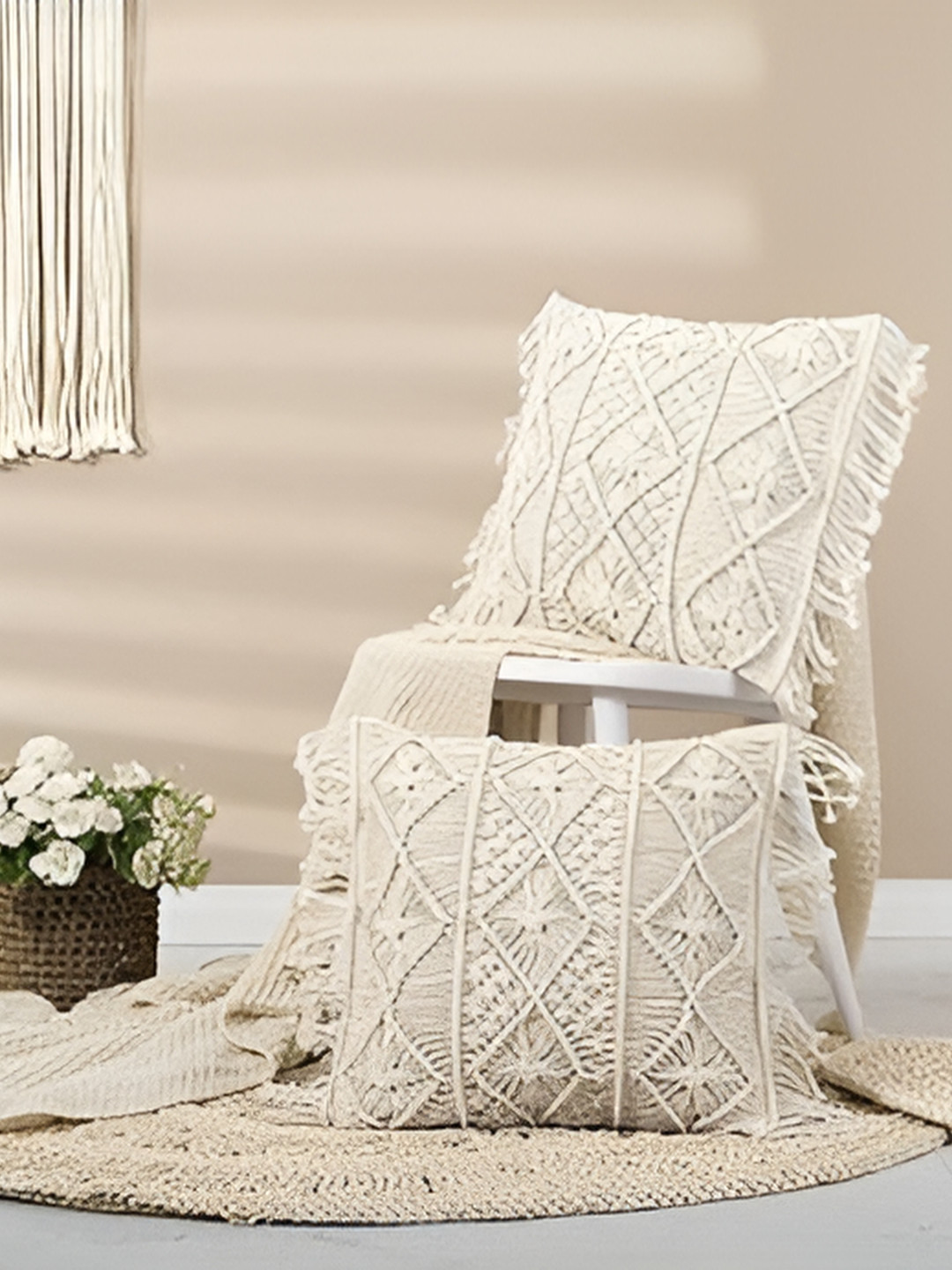 Textile and Beyond Self Design Cotton 2 Pcs Textured Square Cushion Covers -16x16In