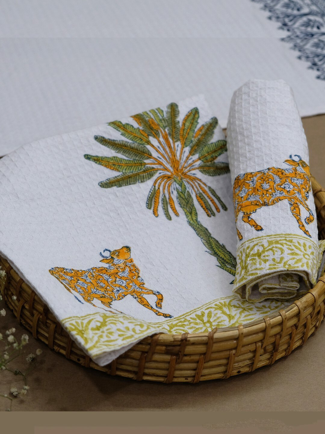 DESIGN GAATHA Off White & Green Palm & Cow Block Printed Cotton Hand Towel