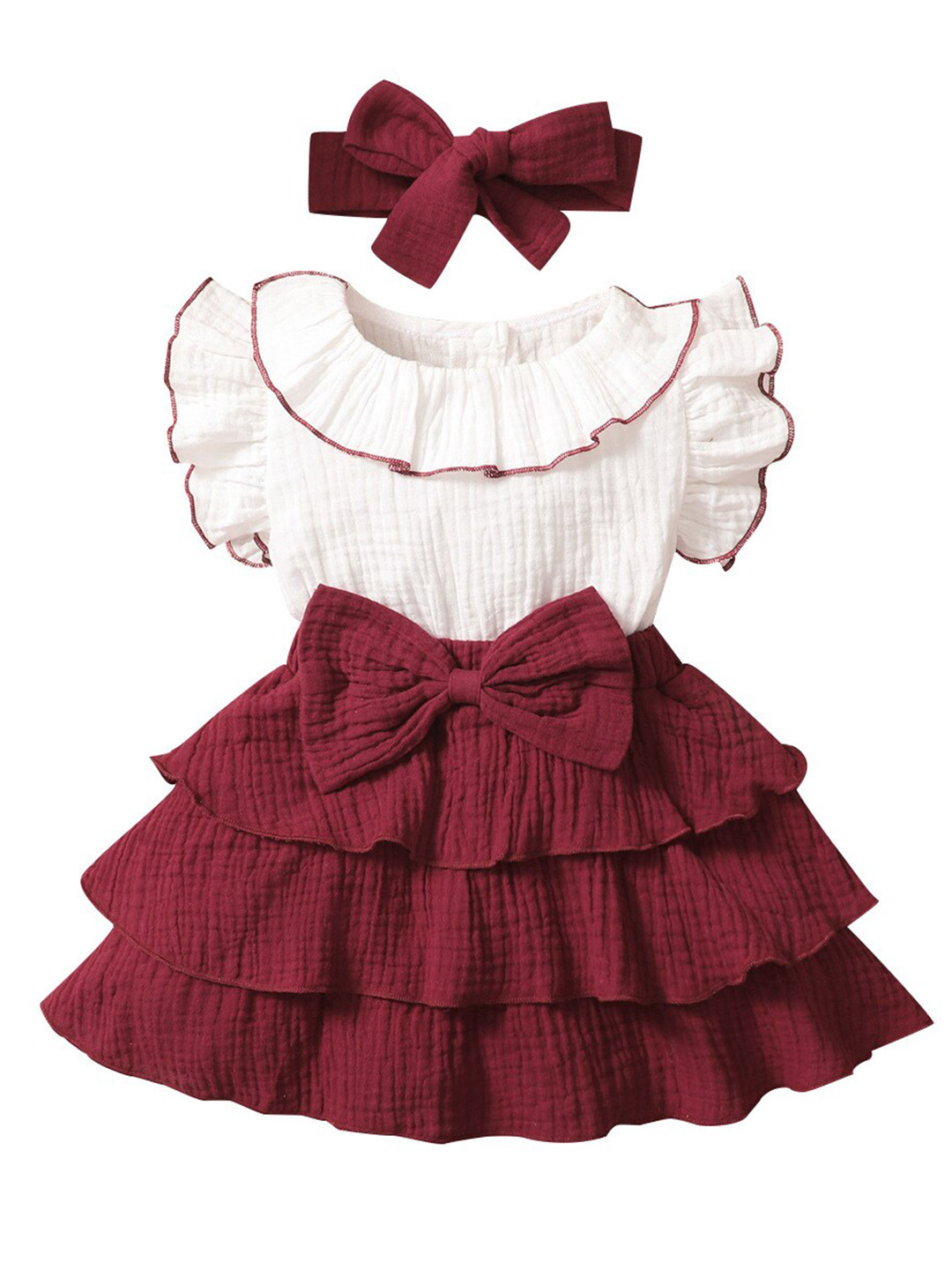 StyleCast Girls Maroon Self Design Bow & Layered Fit & Flare Dress With Hairband