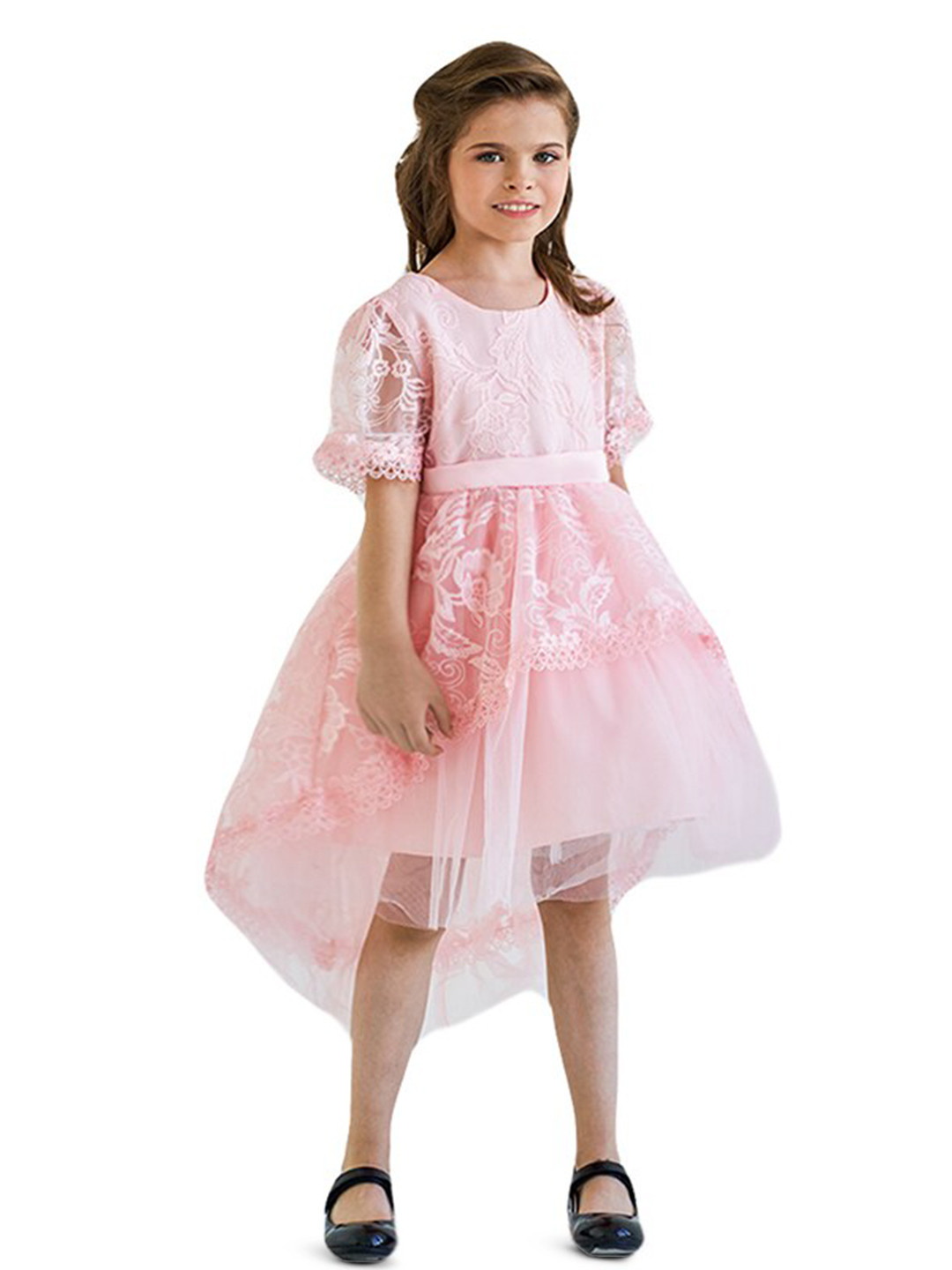 StyleCast Girls Pink Floral Embroidered Puff Sleeve Lace Inserts Tulle Fit & Flare Dress