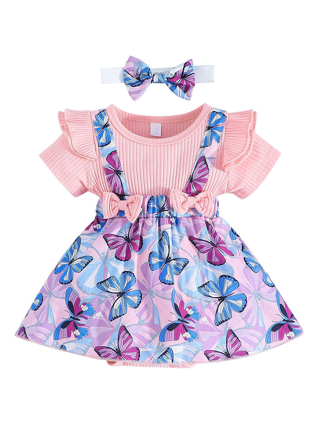 StyleCast Infants Girls Pink Floral Bow Cotton Pinafore Dress With Rompers & Headband