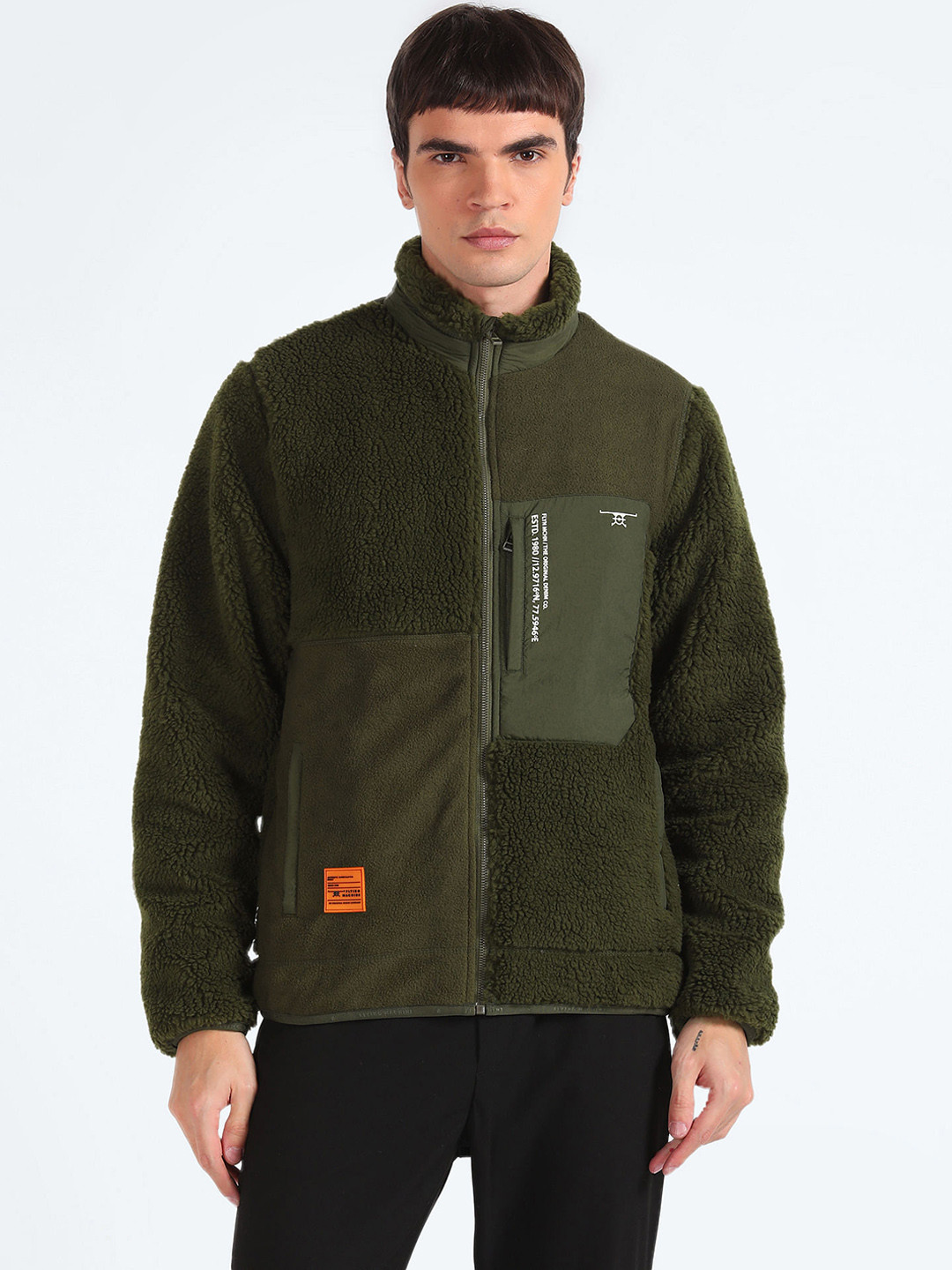 Flying Machine Mock Collar Faux Fur Trim Detail Bomber Jacket