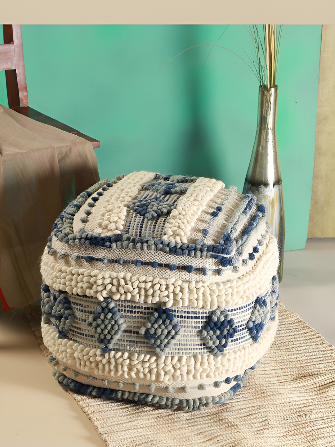 Manor House Beige & Blue Macrame Wooden Square Ottoman