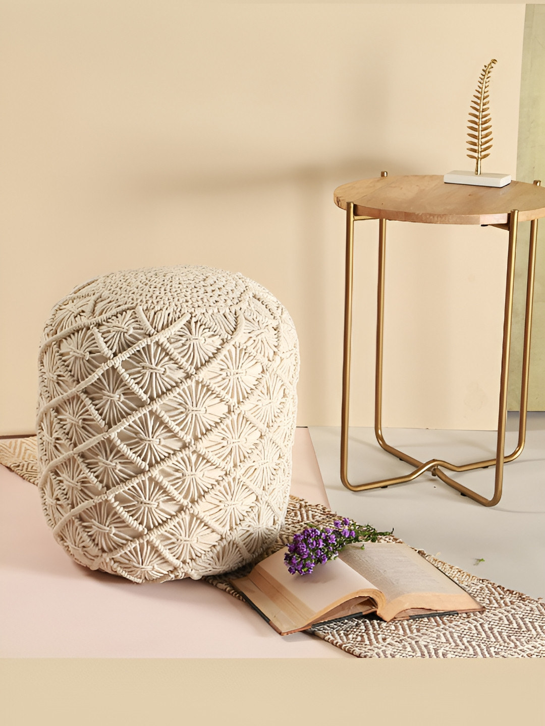 Manor House White Macrame Wooden Round Ottoman