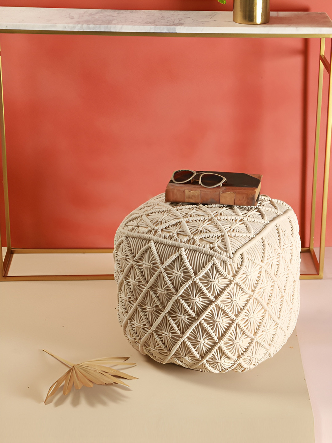 Manor House White Macrame Wooden Square Ottoman