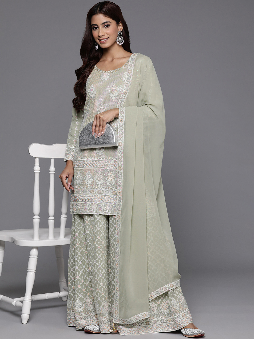 Libas Art Floral Regular Sequinned Kurti with Palazzos & Dupatta