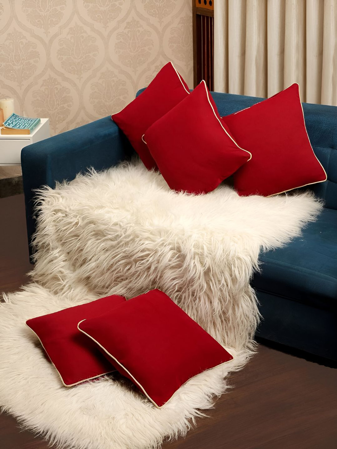Stuff N' Fluff Maroon Polycotton Reversible 5 Piece Square Cushion Covers -16x16In